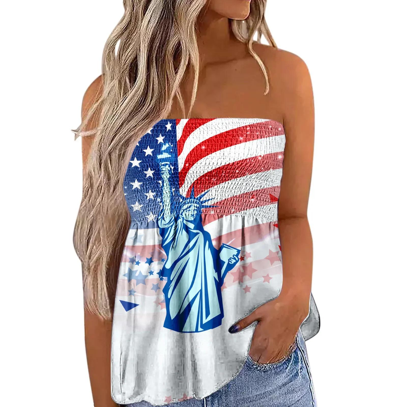 2025 New Women's Fashion Clothing Independence Day Printed Tube Top T-shirt for Women Flowy Strapless Tube Top Blouse