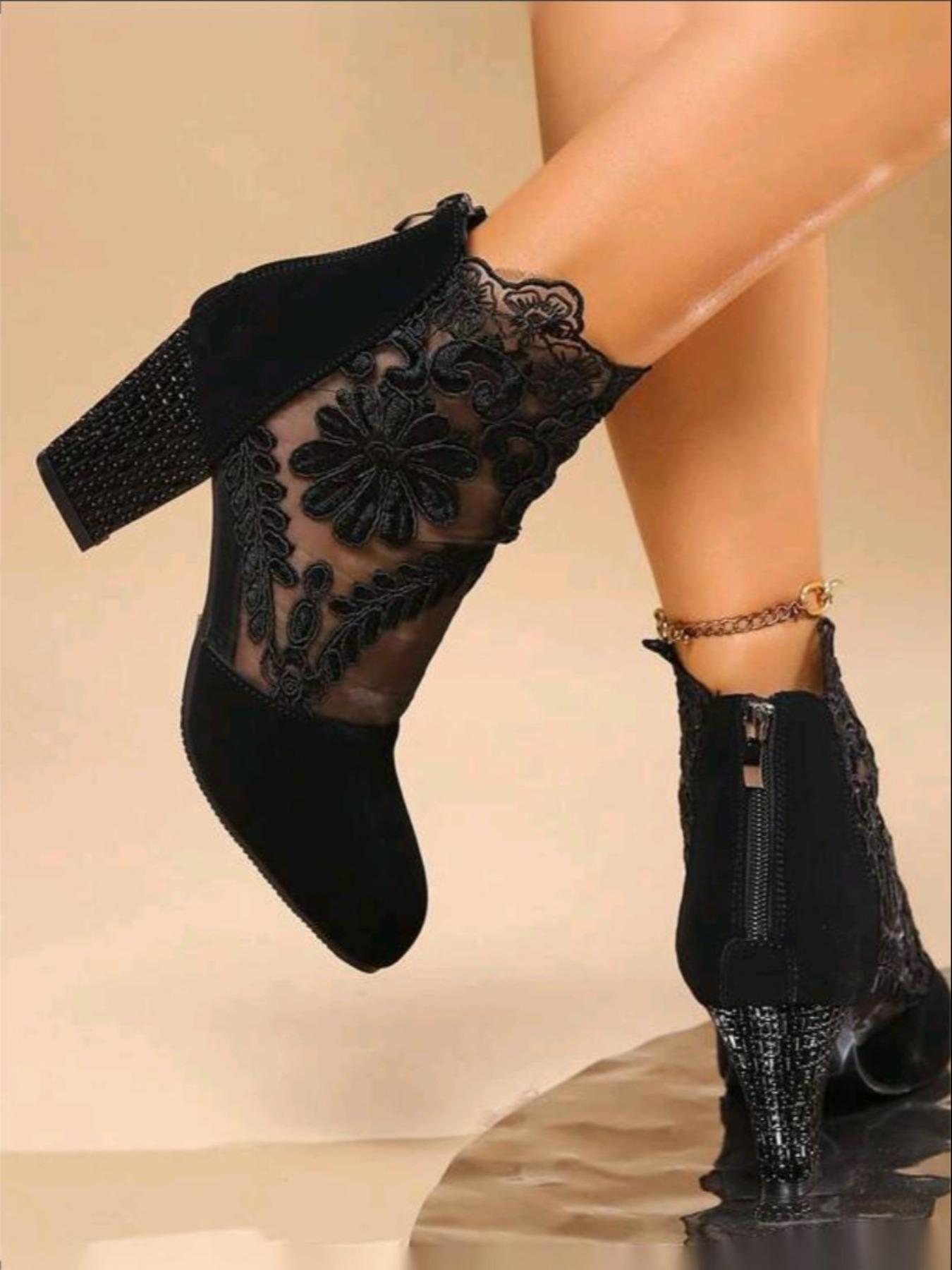 YYW1 Women's Fashion Flower Embroidered Design Contrast Lace Ankle Boots, 1 Pair Elegant Pointy Toe Heeled Boots Daily Wear, All-match Boots Women & Girls, heels, Pointy Toe Boots, Embroidery Ankle Boot