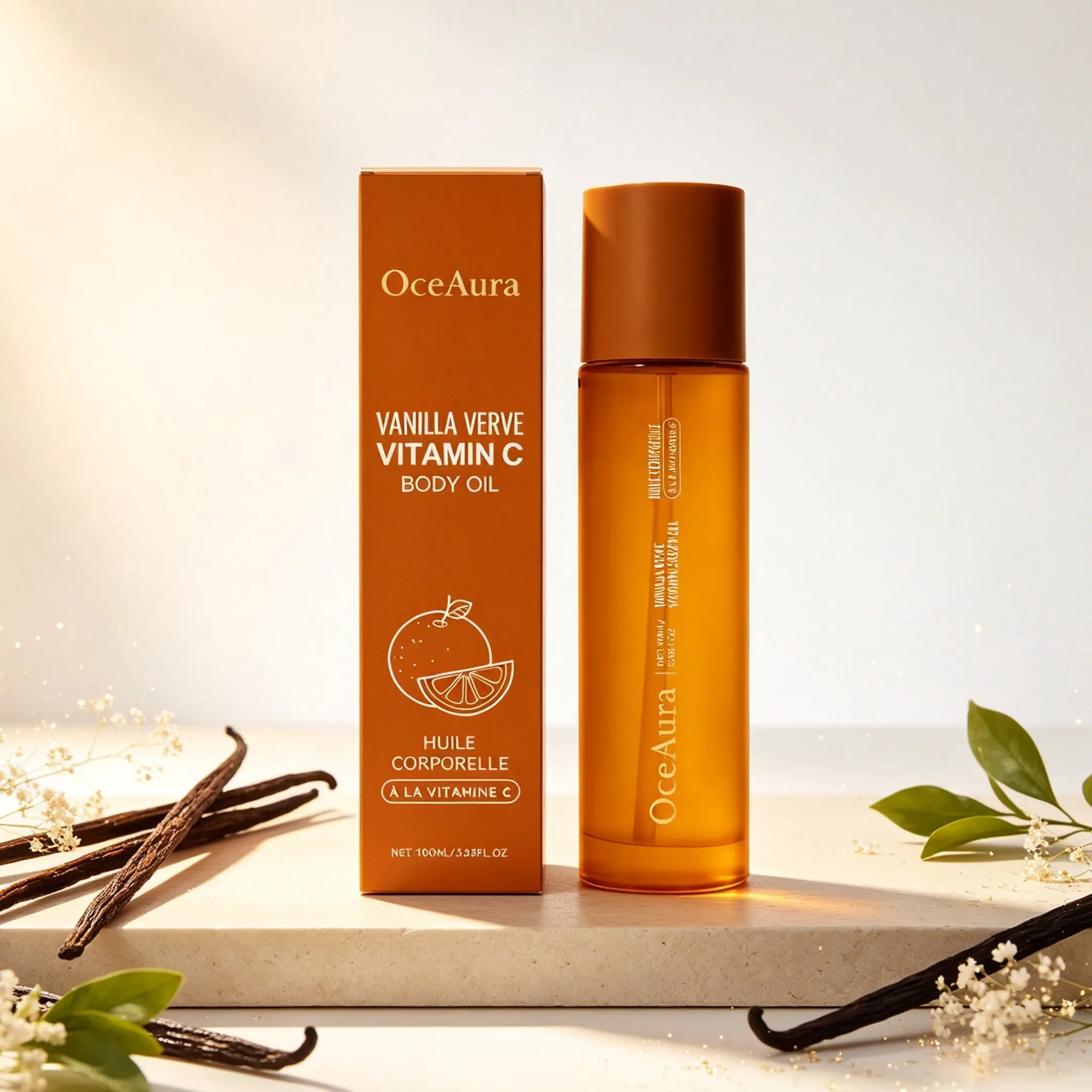 Oceaura Vitamin C Body Oil 100ML, Nourishing Moisturizing Body Lotion, Long-Lasting Hydration, Vanilla Scented, Full Body Care