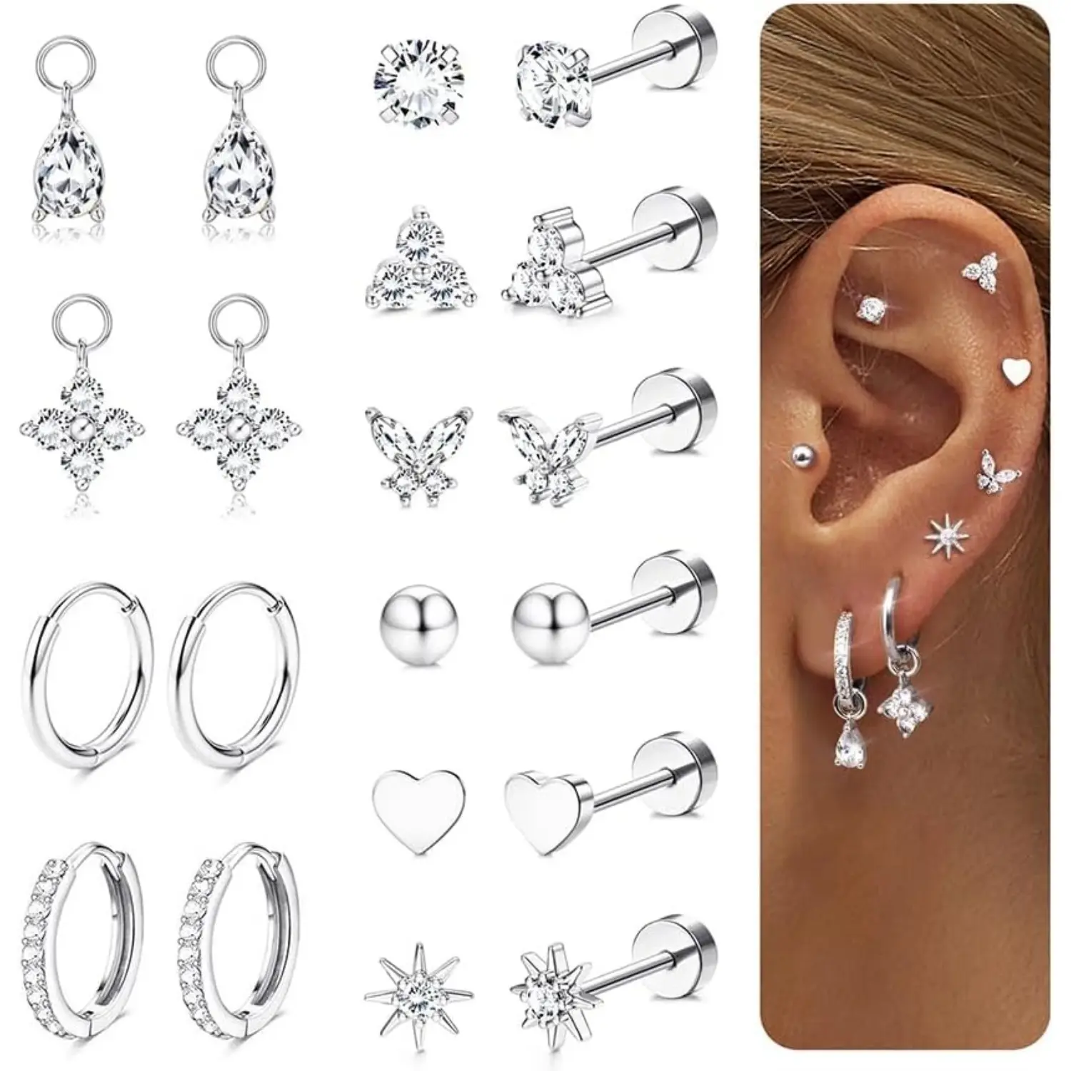 Fansilver 10Pairs Flat Back Earrings for Women Hypoallergenic Stainless Steel Earrings for Sensitive Ears Hoop Stud Sleeper Earring Flatback Cartilage Tragus Helix Piercing