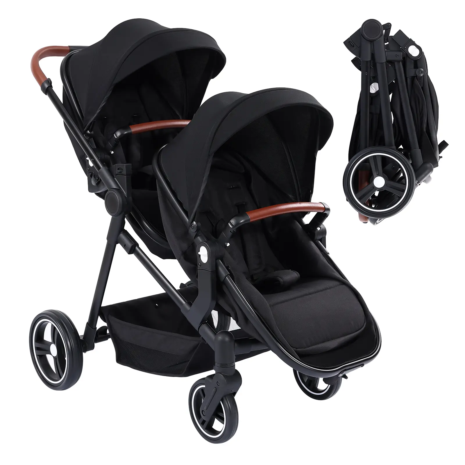 Collapsible Tandem Double Stroller for Newborns & Toddlers - Reversible Seat - Adjustable Backrest & Canopy - 5-Point Safety Harness - Large Storage Basket - Lightweight Pram - Black/Grey/Khaki