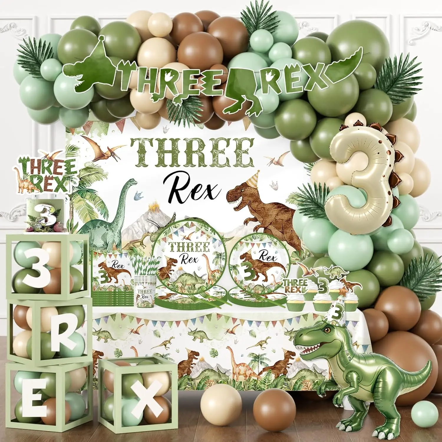 Three Rex Birthday Decorations Boy, 3 Rex Birthday Decorations Boys 251pcs Dinosaur 3rd Birthday Decorations Kit incldue Tableware Banner,Backdrop,Balloon Arch,Boxes,High Chair Banner,Cupcake Toppers