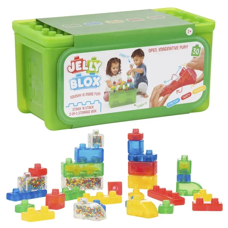Jelly Blox Stash & Stack 2in1 Storage Case with 30 Colorful Blocks for Tactile Sensory Play and Developmental Fun Ages 2+