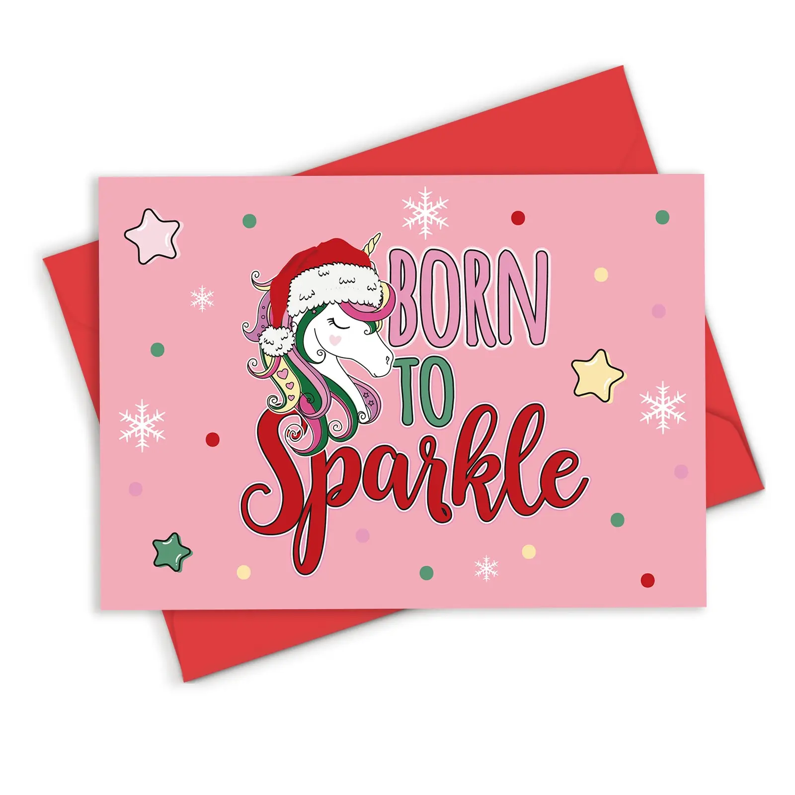 1 Count Pink Santa Unicorn Christmas Card, 5×7 Inch Cute Girly Holiday Greeting Card With Red Envelope, Snowflake Star Born To Sparkle Design, Kids Little Girl Xmas Gift Card