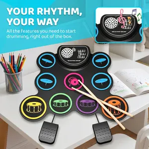 Portable electronic drum practice kit, 9-pad rollable, in speaker and pedal, with headphone jack, children's drum set, electronic drum set, children's beginner silent practice gift, birthday gift