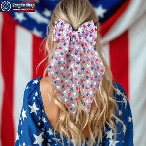 Women’s 2026 Independence Day Mesh Bow Hair Clip, American Flag Long Ribbon Barrette, Trending Patriotic 4th of July Hair Accessory, Fashion Hair Bow for Women, Party Parade Festival and Holiday Styling Accessory