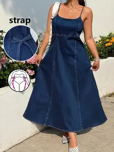 Plus Size Denim Dress with Back Bow Tie, French Vintage Style, Waist Cinch Design, Perfect for Daily Wear and Vacation