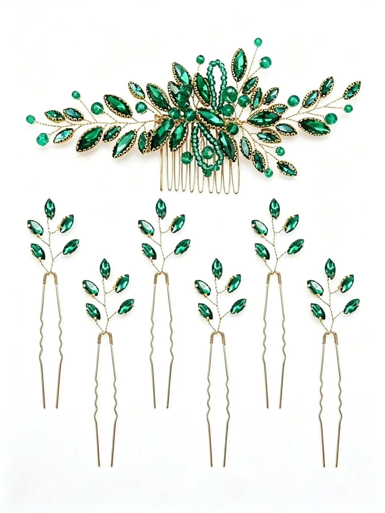 7pcs Emerald Crystal Beaded Hair Combs, Rhinestone U Shaped Hair Pins, Elegant Bridal Hair Accessories for Wedding, Prom, Party