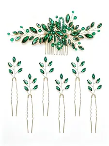 7pcs Emerald Crystal Beaded Hair Combs, Rhinestone U Shaped Hair Pins, Elegant Bridal Hair Accessories for Wedding, Prom, Party