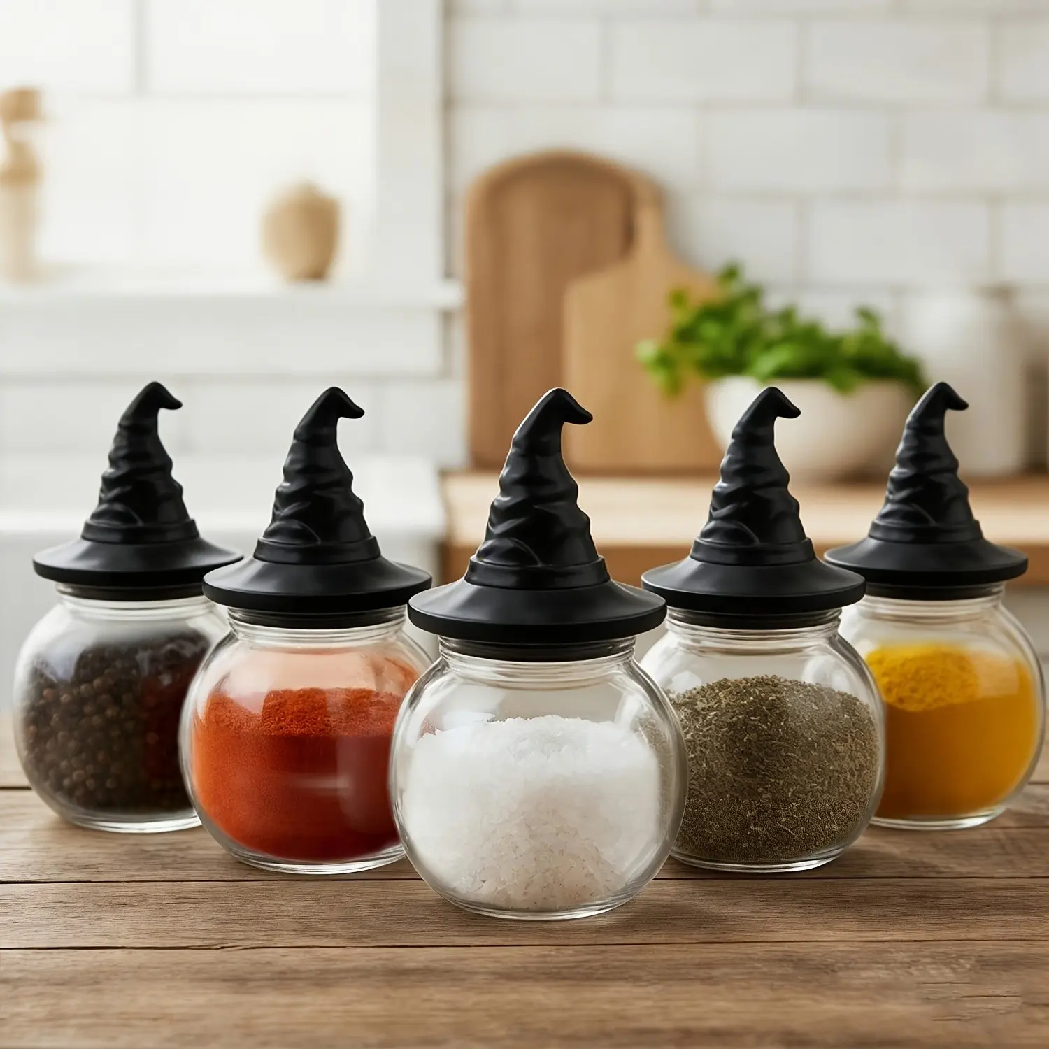 Witch Hat Spice Jar Set, Decorative Glass Jars, Halloween Decor Storage Container, Salt Sugar Vanilla Holder, Gothic Kitchen Home Decoration, 1pc/2pc