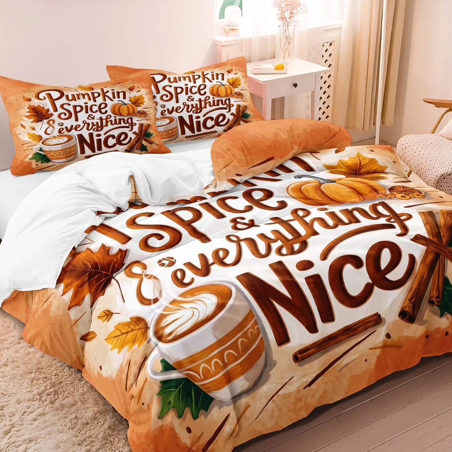 3 Pieces Pumpkin Spice Latte Duvet Cover Set, Bed Covers, Orange Maple Leaf Cinnamon Print Bedding, For Bedroom Home Decoration, Multiple Sizes Available (1 Duvet Cover + 2 Pillowcases, No Comforter No Pillow)