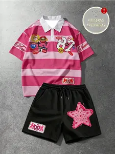 Collar Wide Stripes, Retro Badge Print, Star Patch Shorts, Mesh Fabric Breathable, Vintage Style