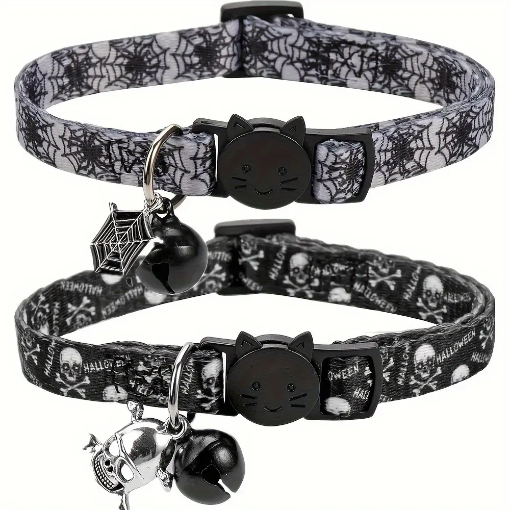2pc Halloween Skeleton Spider Web Cat Collar with Bell, Adjustable Safety Buckle, Suitable for Small Cats and Dogs, Pet Accessories