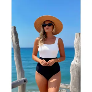One-Piece Swimsuit: Black And White Color Block, Square Neck, High Waist, Minimalist Beach Style