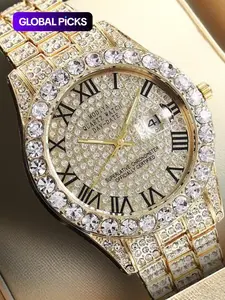 Men's Luxury Rhinestone Decorated Round Dial Quartz Watch, with Box, Fashionable Exquisite Wristwatch, Trendy Watch for Party, Daily Clothing Decor, National Day Offers