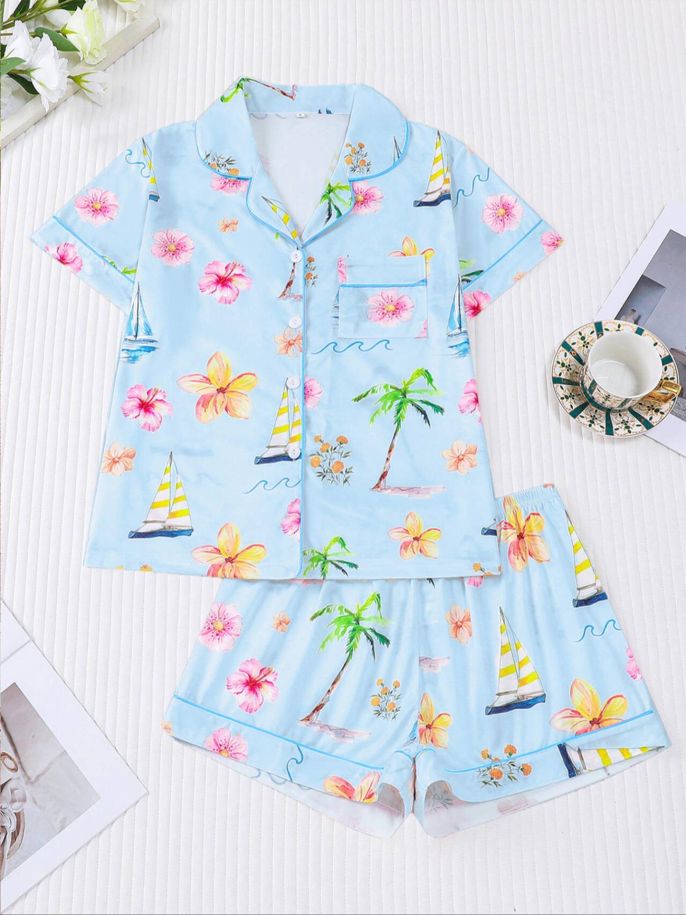 Women's Hawaiian flower Print Pajama Set, 2 Piece Summer Sleepwear, Comfortable Shirt Collar Short Sleeve Top & Elastic Shorts