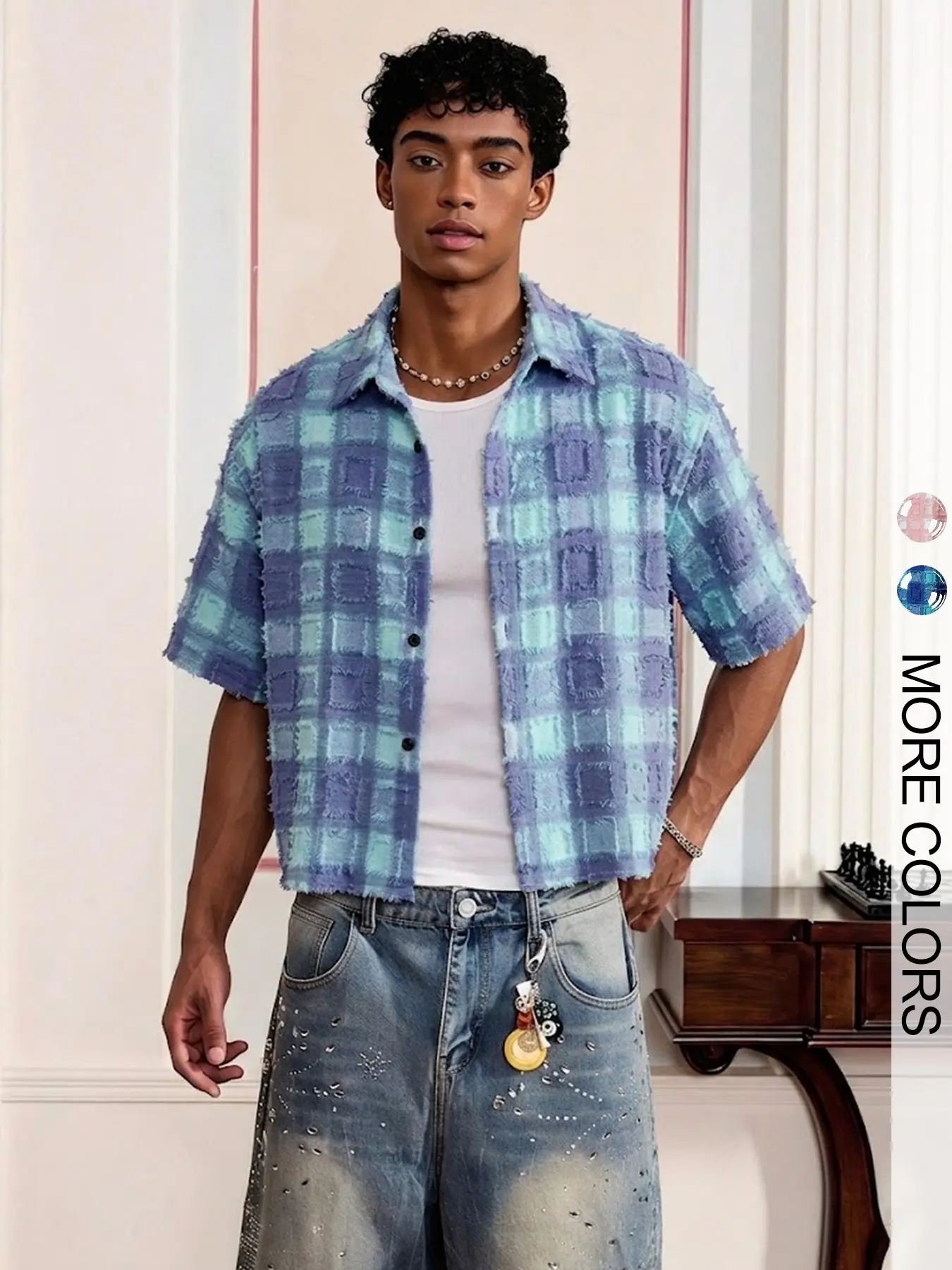 Men's Plaid Button Front Short Sleeve Loose Shirt, Summer Vacation High Street Retro Vintage Style, Casual Fashion Streetwear