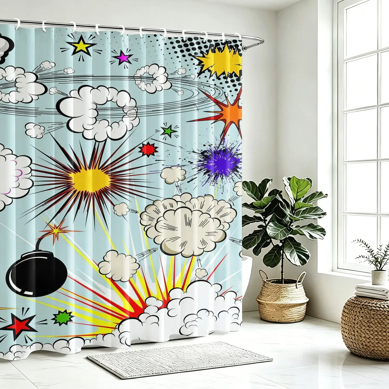 Vibrant Comic Pop Art Shower Curtain, Bold Explosion Star Cloud Print Bath Curtain, Polyester Waterproof Bathroom Curtain, Decor Partition Curtain With Hooks For Studio & Bedroom