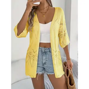 Plus Size, Bohemian Openwork Cardigan - Lightweight Sun-Protective Cover-Up, Women's Sun-Protective Crochet Cardigan, Lightweight Front-Opening Openwork Top, Multi-Functional Dot Cardigan - 3/4 Sleeve Front-Opening Sun-Protective Shawl-Style