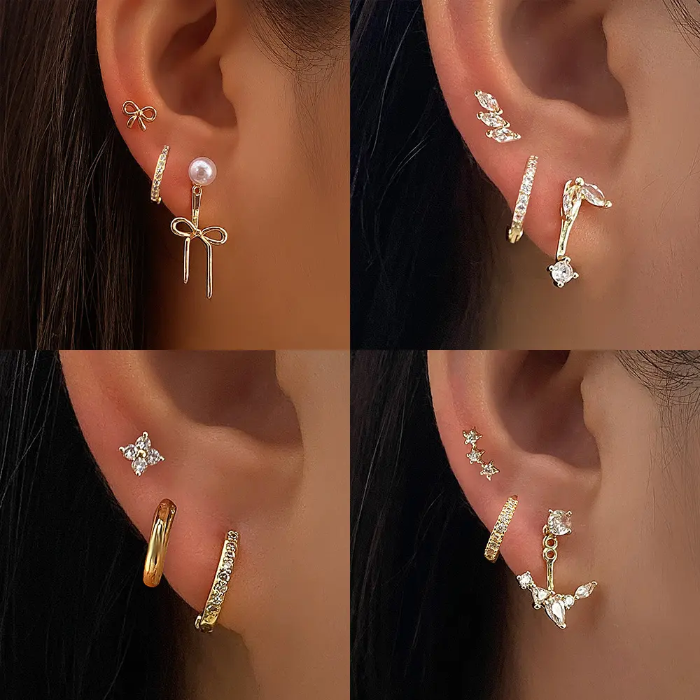Gold Stud Hoop Earrings Set for Multiple Piercings Trendy Cute Bowknot Pearl Four Leaf Clover Star Micro Pave CZ Cartilage Stackable Jewelry Lot