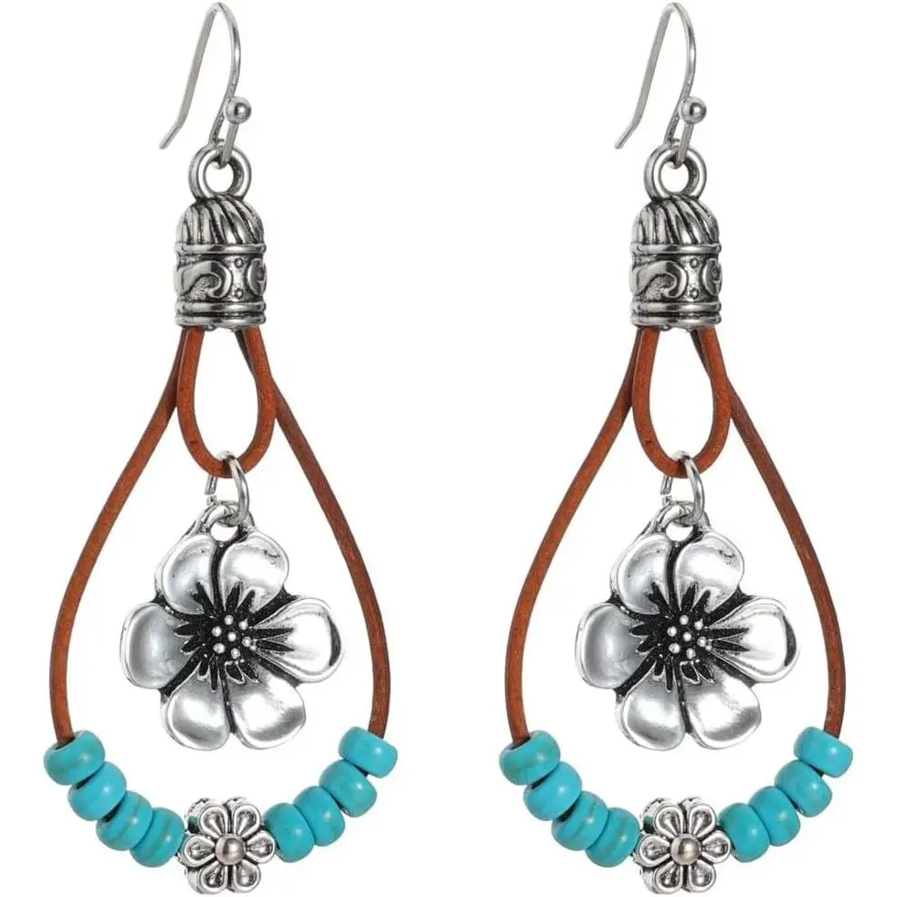 Boho Earrings for Women  Country Leather Rope Drop Dangle Flower Turquoise Nature Stone Beaded Earrings  Ethnic Bohemian