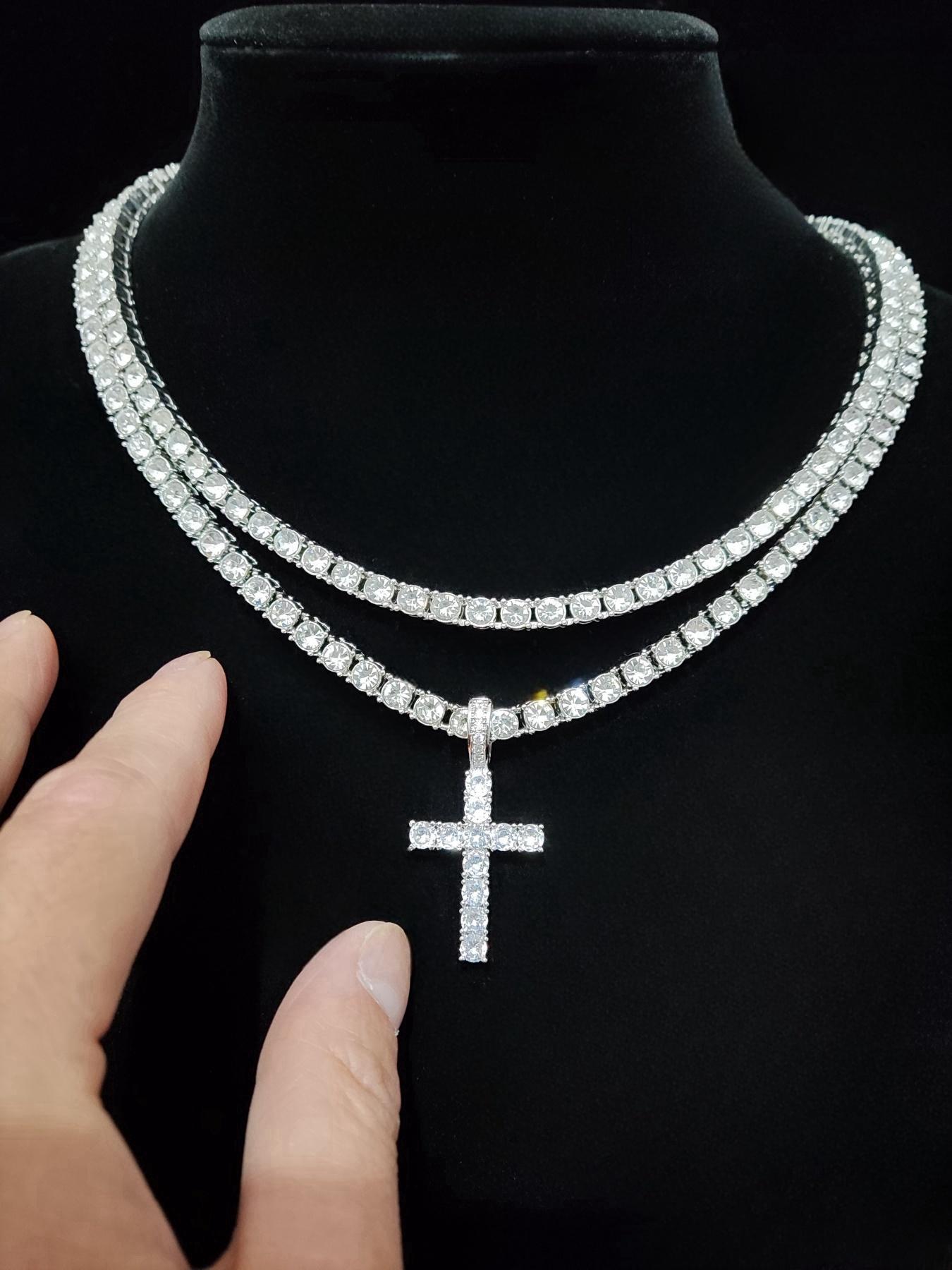 Luxury Artificial Zircon Cross Pendant Necklace for Girlfriend, Rhinestone Cross Necklace, Elegant Rhinestone Necklace, Streetwear Punk Hip Hop Matching Jewelry for Party, Daily Clothing Decor for Girl, Cuban Cross Necklace