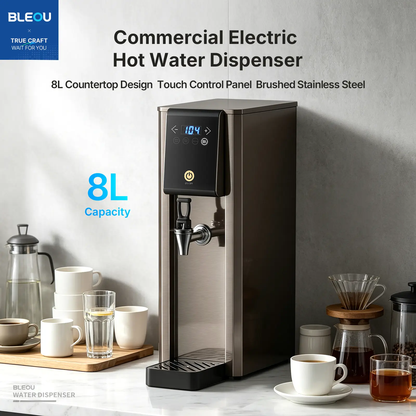 Bleou 1800W Commercial Hot Water Boiler Countertop, 20L/H Rapid Heating Hot Water Dispenser, 304 Stainless Steel with Adjustable Temperature 104°F-212°F for Boba Tea, Coffee Bar, Restaurant, Office, Hotel