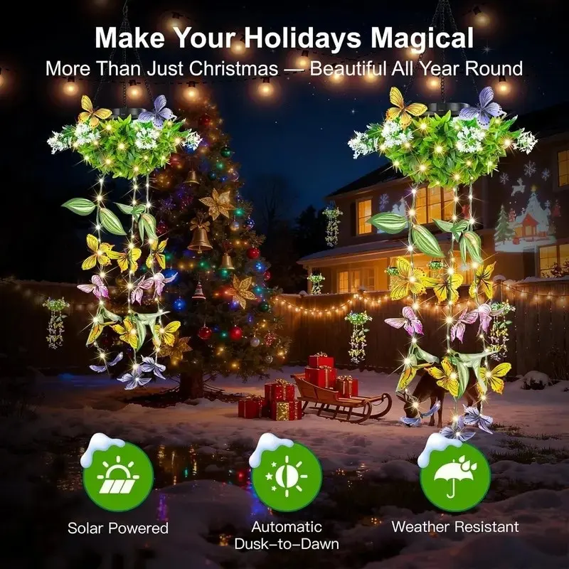 Solar hanging garden lights, LED butterfly flower string lights, IP65 waterproof outdoor holiday decorative lights, garden lights for courtyards, balconies, gazebos, gardens, garden lighting, outdoor garden lights, holiday gifts, Mother's Day gifts