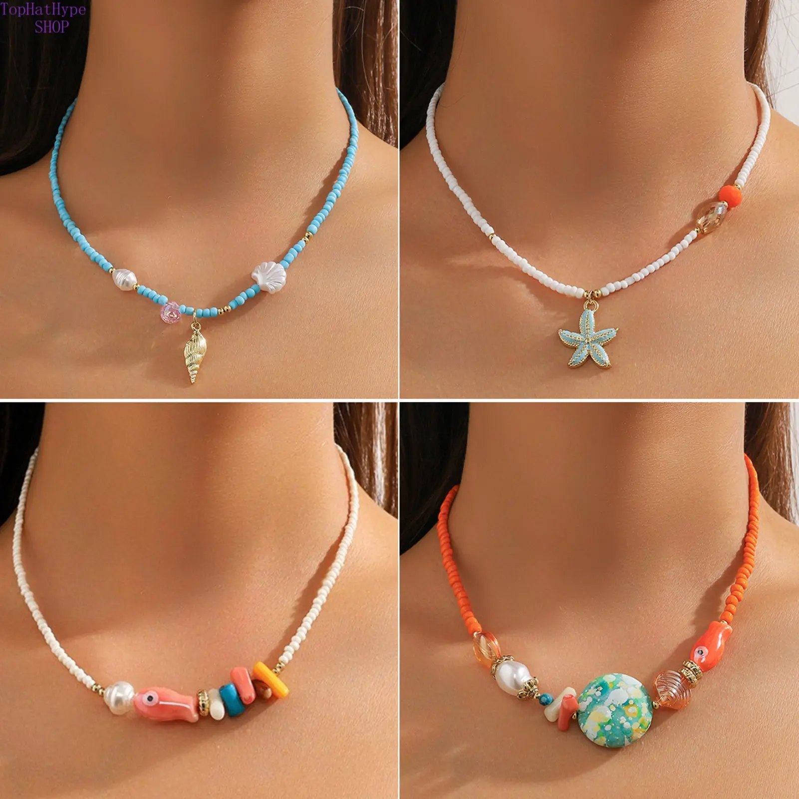 Women's Ocean Style Beaded Choker Necklace with Starfish & Fish Pendant, Minimalist Seed Bead Jewelry for Summer Beach Outfits, Beaded Necklace