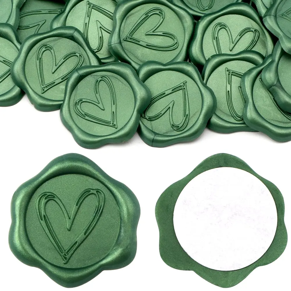50-Count Pine Green Heart Wax Seal Stickers, 1.29 Inches Modern Green Heart Pattern Self-Adhesive Seals for Festival Wrapping, Wedding Invitations (Toys & Hobbies, DIY Scrapbooking & Stamping), Festivals