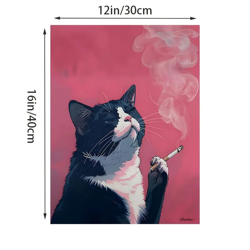 Unframed Canvas Print Poster - 1 Smoking Black Cat Themed Wall Art, Unique Creative Decoration for Living Room, Bedroom, Ideal Gift for Home Decor Enthusiasts