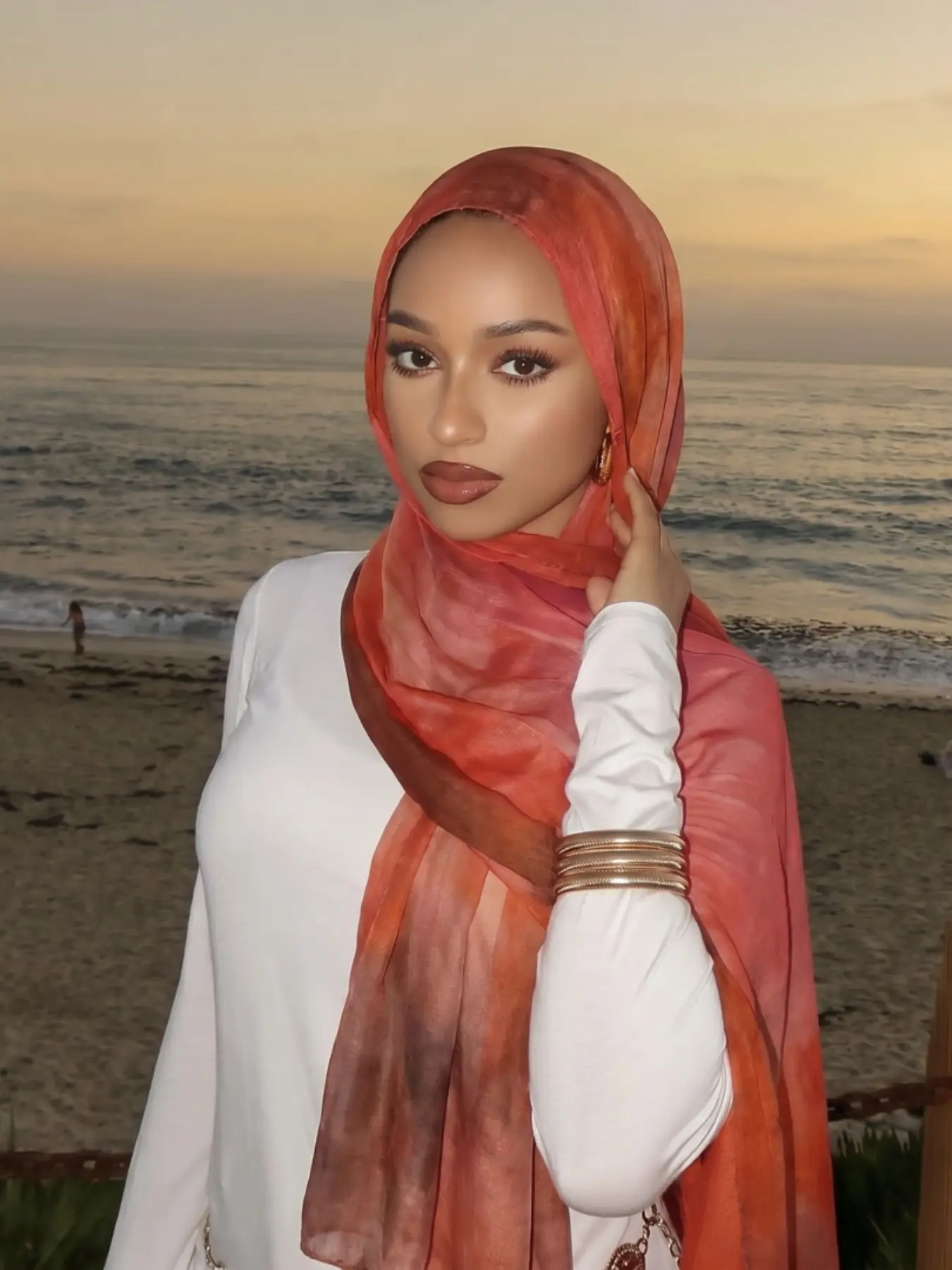 Women's Sunset Watercolor Gradient Scarf, Summer Beach Vacation Sun Protection Large Shawl, Lightweight Polyester Muslim Headscarf Hijab
