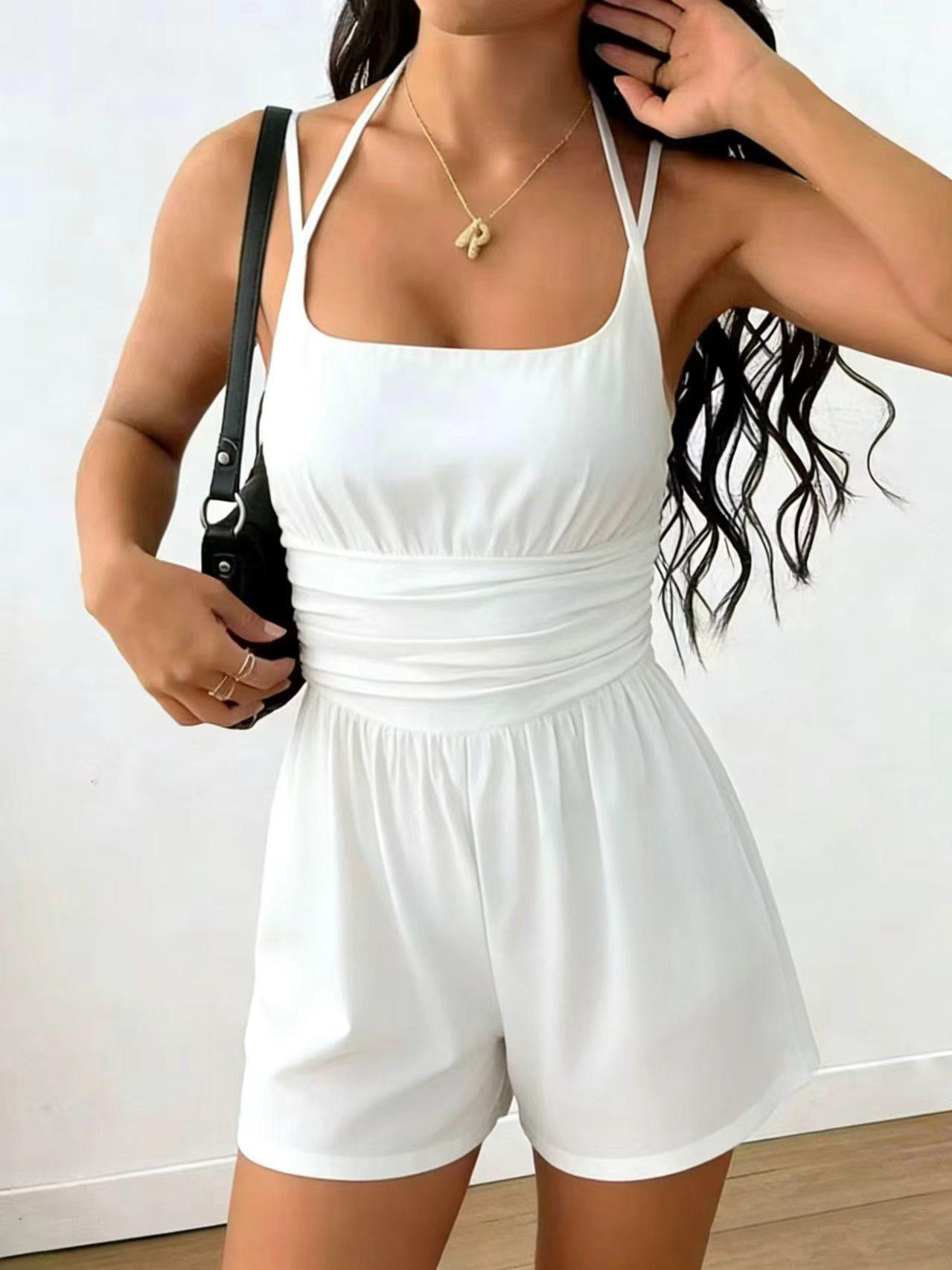Women Halter Neck Romper Ruched Waist Summer Jumpsuit Sleeveless Backless Bodysuit Shorts Sporty Casual One Piece Outfits