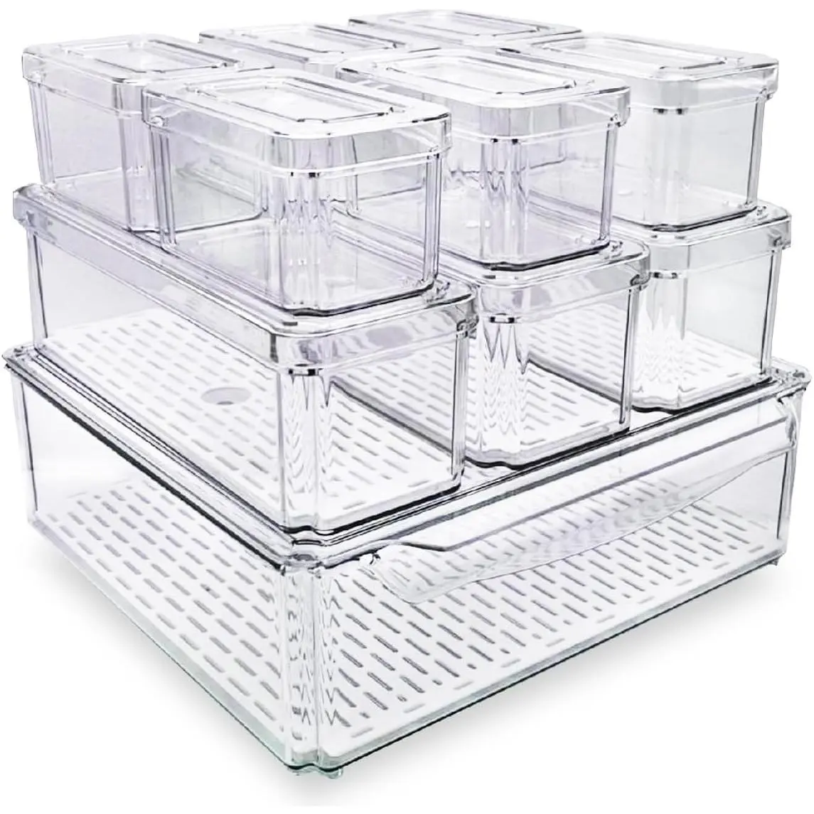 10-Pack Clear Fridge Organizer Bins with Lids & Drainage Holes, Stackable Container Set, BPA-Free Plastic Refrigerator Storage Containers for Food, Fruits, Vegetables, Meats (Multi-Purpose)