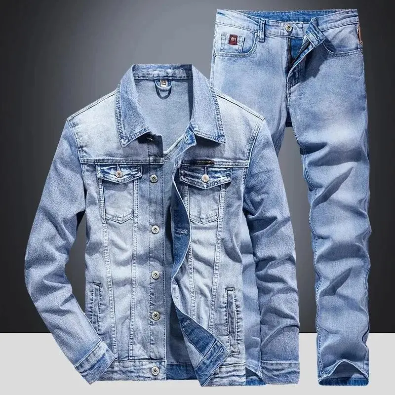 Denim Suit Men's Slim Micro-stretch Two-piece Spring and Autumn Jacket Jeans Long Sleeve Pocket