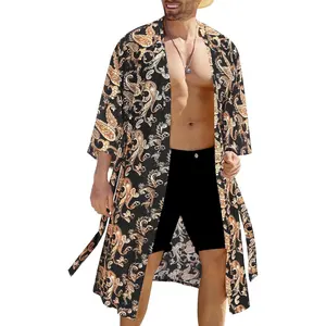 Men's Lightweight Kimono Robe Japanese Bathrobes Open Front Long Cardigan Cloak with Belt(Gift)