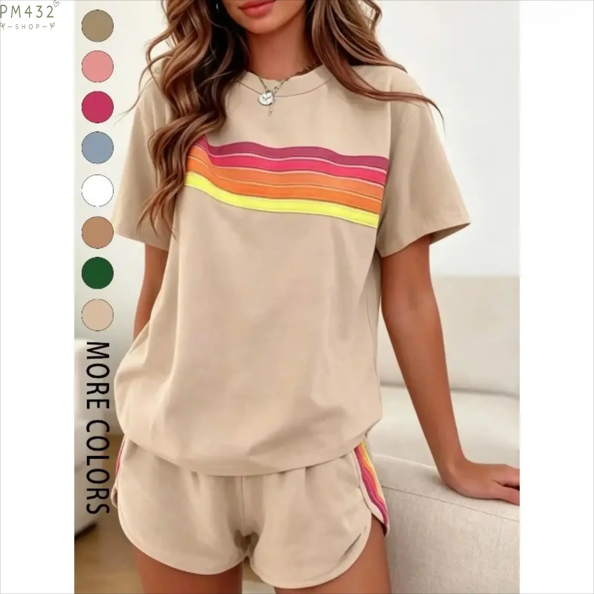 Women's 2 Piece Activewear Set, Casual Sportswear Outfit with Rainbow Stripe Design, Breathable Athletic Lounge Set for Summer Vacation, Gym, Outdoor Activities, Travel, Daily Wear and Comfortable Street Style