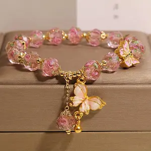 Bohemian Golden Butterfly Marble Bead Bracelet - Turquoise Pink Glazed Stone Fashion Jewelry, Accessories for Women, Ideal Gift for Parties & Festivals