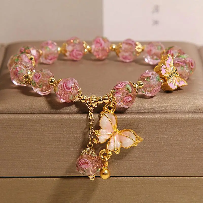 Bohemian Fashion Jewelry for Women, Golden Butterfly Charm with Turquoise & Pink Marble Beads, Glazed Stone Set for Parties, Women's Gifts, Womens Gifts, Party, Bracelets, Female, Ideal Gift For Parties-Festivals