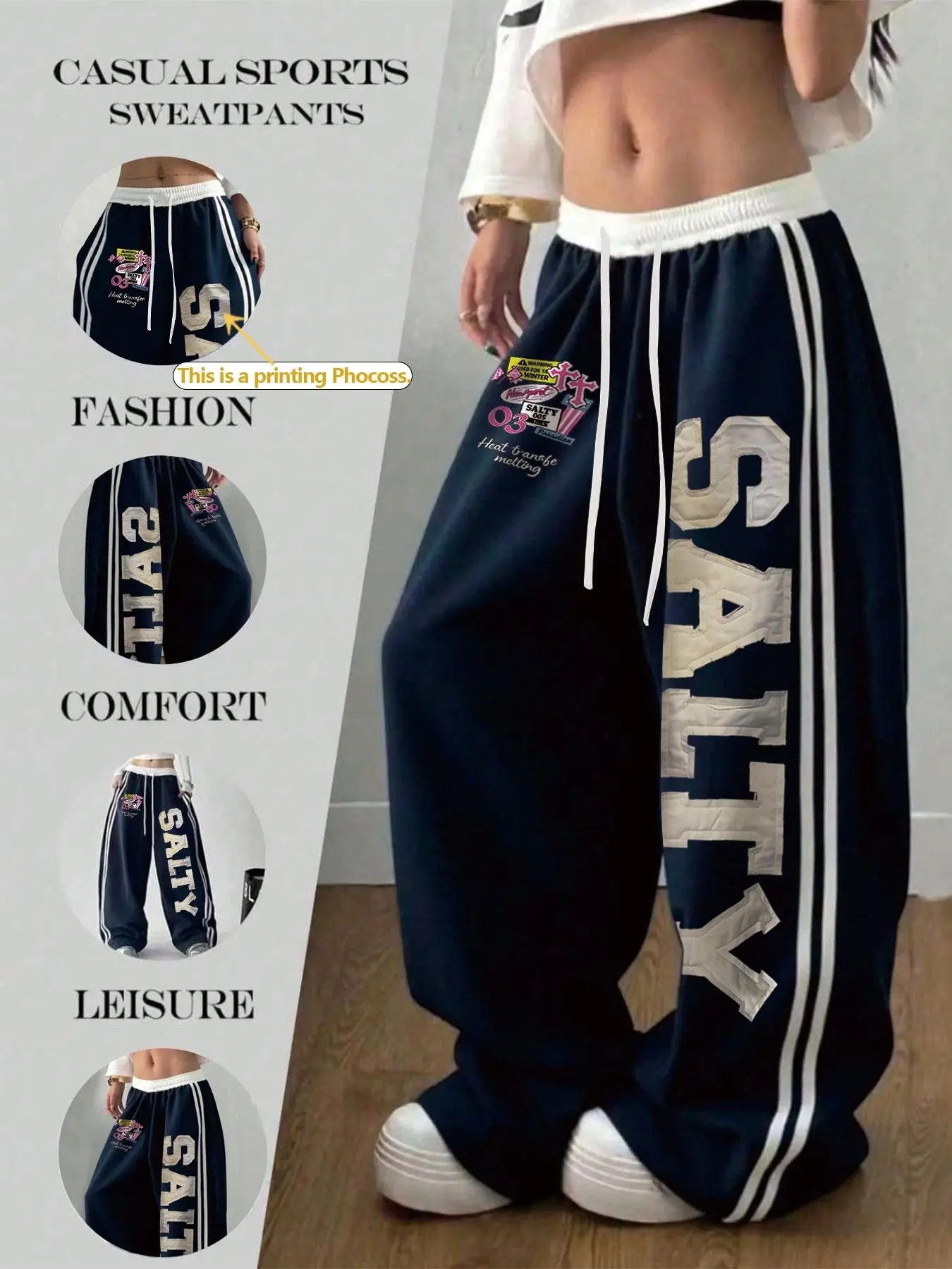 Women's Wide Leg Sweatpants, Colorblock Elastic Waist, Salty Letter Sticker Print, Drawstring Design, Loose Fit, Soft Knit Fabric, Athletic Casual Pants