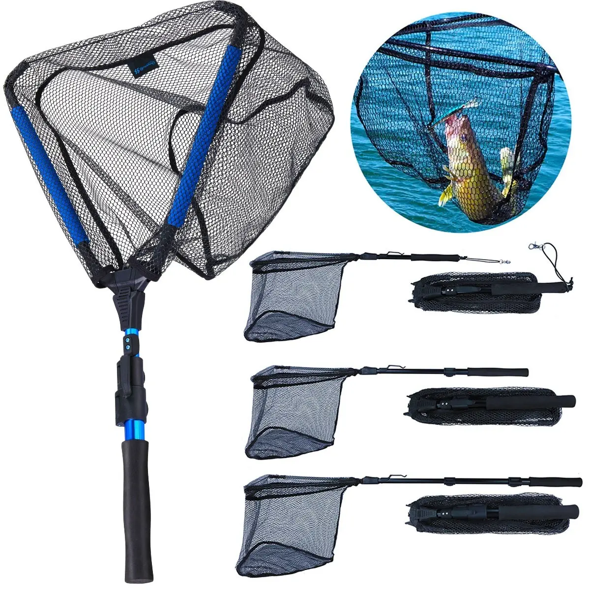 Floating Fishing Net with Rubber-Coated Base for Easy Catching of Steelhead, Salmon, Fly Fish, Catfish, Bass, Trout, Portable Collapsible Stretchable Fish Net