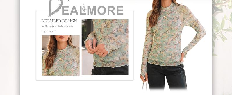 Women's Floral Mesh Long Sleeve Sheer Lace Blouse with Faux High Neck, Fall Outfits 2025 Women's Floral Mesh Long Sleeve Sheer Lace Blouse with Faux High Neck, Fall Outfits 2025