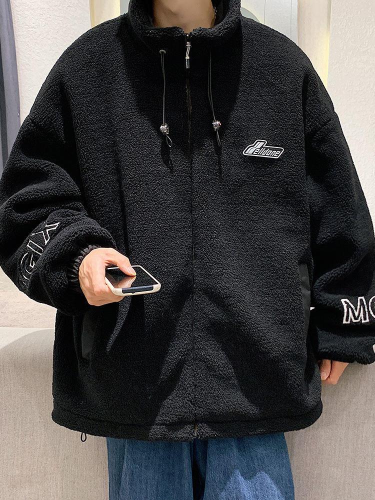 Men's lambskin stand collar embroidered warm jacket Large size loose casual fleece cotton jacket American street style letter embroidery fleece jacket