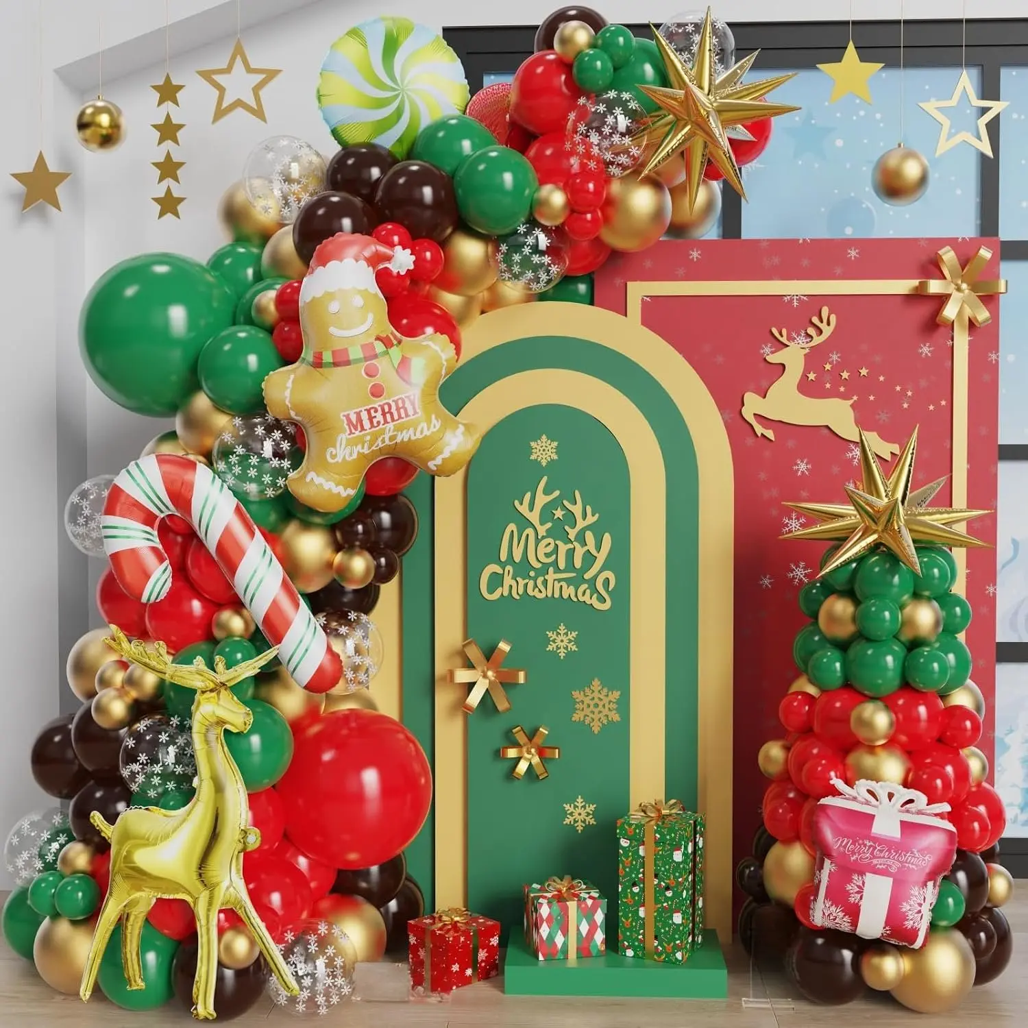 149 count Christmas Balloon Arch Kit,Red Green   Brown Balloon Garland with Gingerbread,Reindeer, Box,Explosion ,Candy Cane Balloons for  Year Eve Christmas  Party Decoration