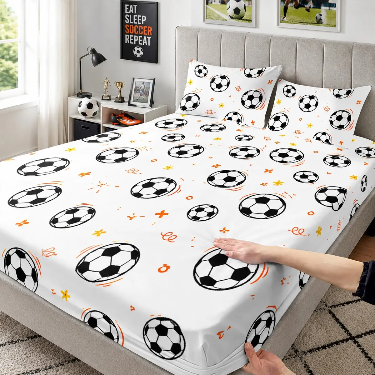 3-piece cartoon football themed Printed Bedding Set (1 bedsheet+2 pillowcases, no padding), classic black and white football print, minimalist polyester elastic bedding for modern bedroom and dormitory decoration, fashionable sports themed gift, bedding