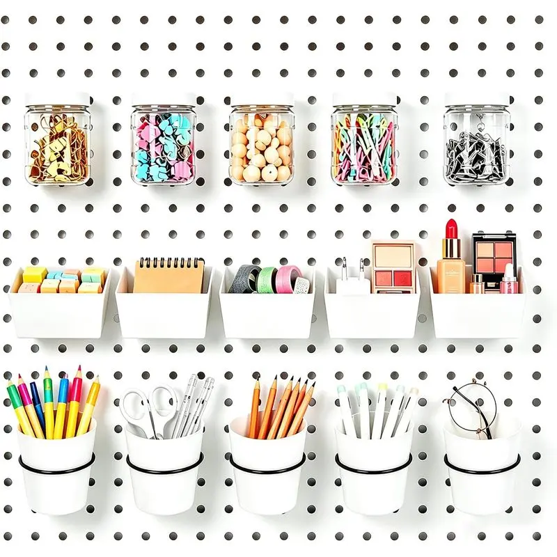 Aeser Pegboard Organizer Set - Plastic Pegboard Containers with 5 Clear Storage Jars with Lids, 5 Wall-Mount Bins and 5 Hanging Cups for Garage Workshop Craft Room Office Home Organization - 15PCS