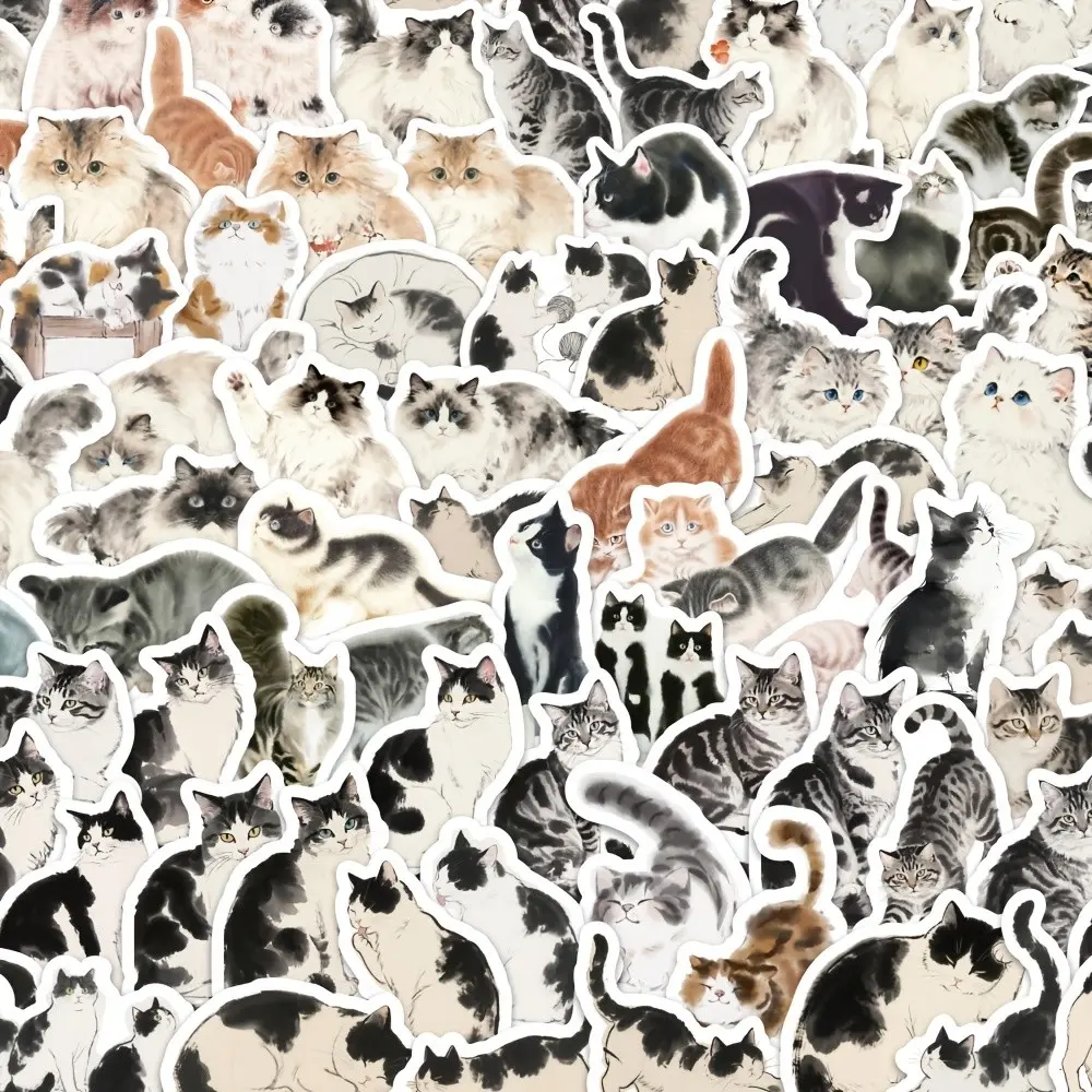 Cute Ink Wash Cat Stickers, 5 Packs X 80pcs Each, Total 400pcs, Hand-Drawn Chinese Style, Notebook & Desktop Decorations