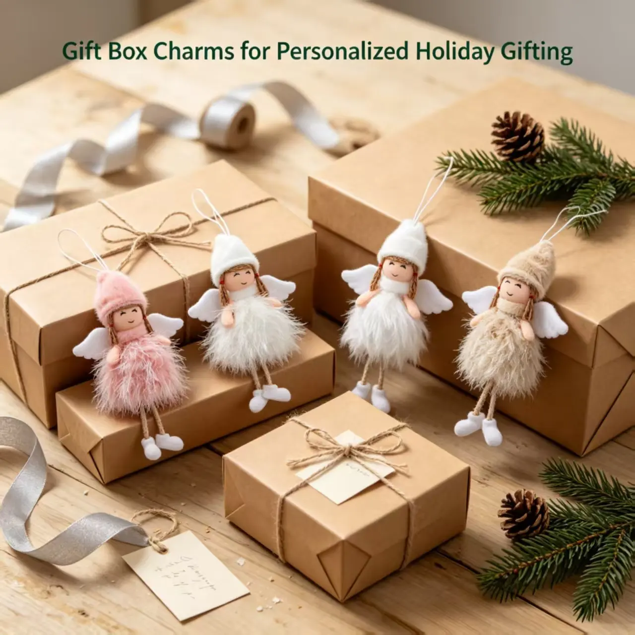 Plush Angel Girl Christmas Ornament, Feather Streamer Tree Decor, Gift Box Packaging, Soft Closed Eye Angel, Holiday Souvenir Accessory