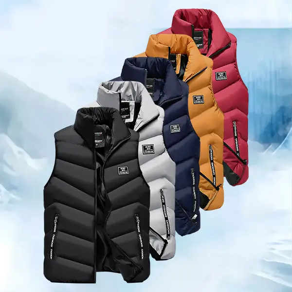 Men's fashionable trend stand-up collar vest, lightweight sleeveless coat, with a fully zipped closure design, side zipper pockets, quilted fabric, warm and casual, suitable for daily wear and outdoor activities.