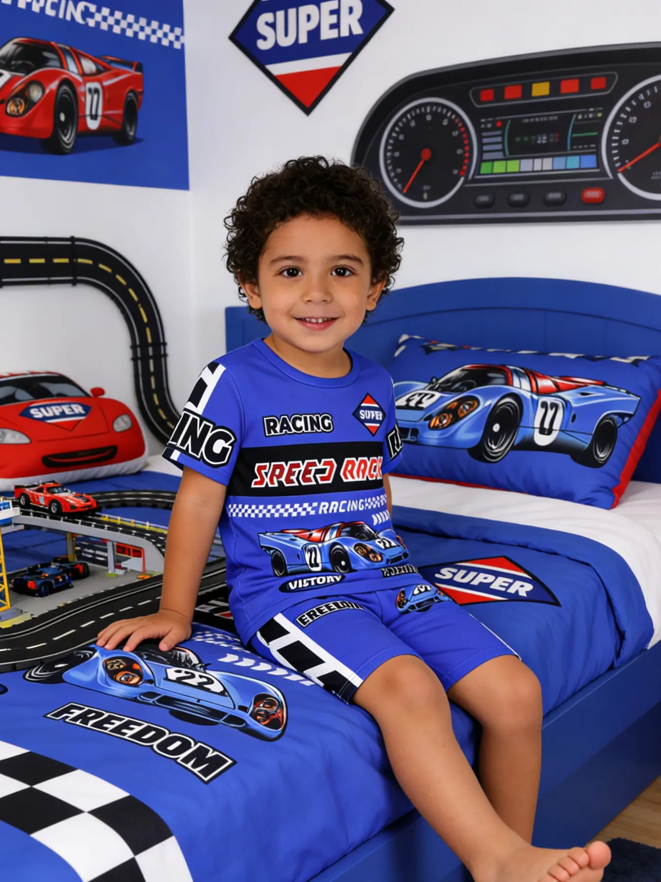 Boys' Cool Racing Print Pajama Set, Summer Pjs, Sleepwear For Summer, Round Neck Short Sleeve and Shorts, Casual Fitted Home Wear Sleepwear, H-Type Silhouette